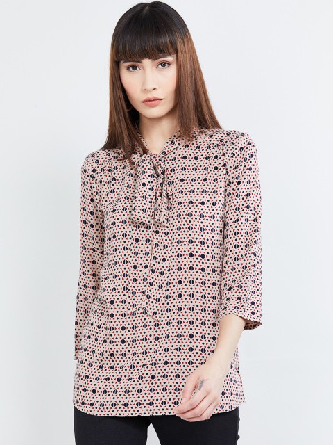 

max Women Beige & Navy Blue Printed Shirt Style Top