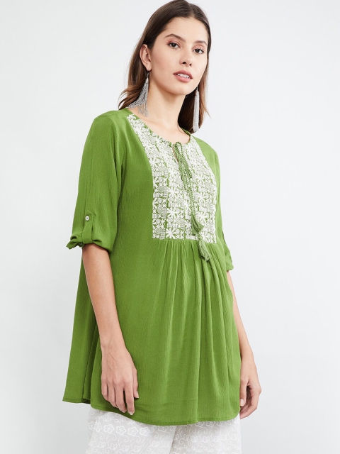 max Women's Green & White Embroidered Tunic with Tie-Ups