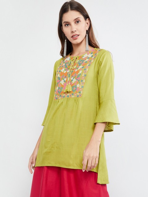 

MAX Women Lime Green Yoke Design High-Low Tunic
