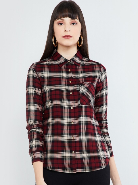 

max Women Maroon & Off-White Checked Casual Shirt
