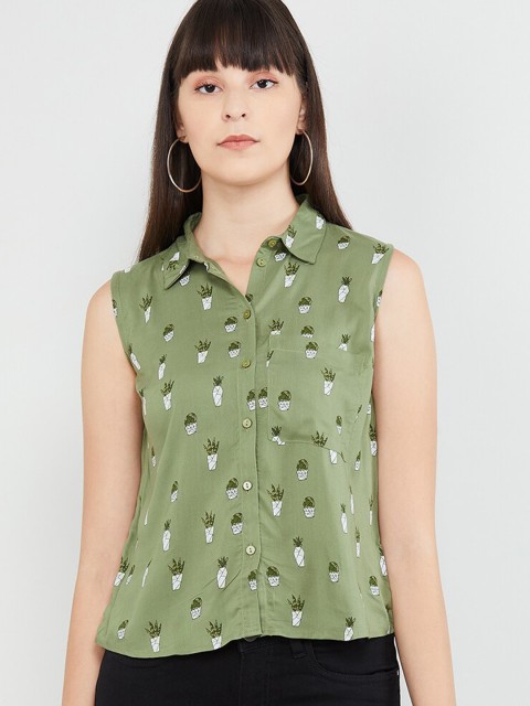 

max Women Olive Green Printed Shirt Style Top
