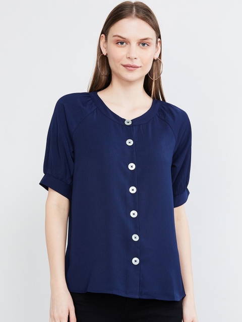 

max Women Navy Blue Solid Shirt Style Top