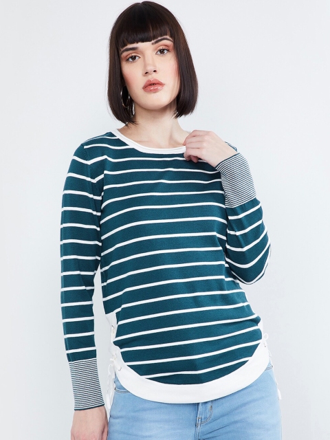 

max Women Teal Green & White Striped Top