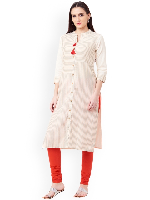 

IMARA Women Off-White & Beige Striped Straight Kurta