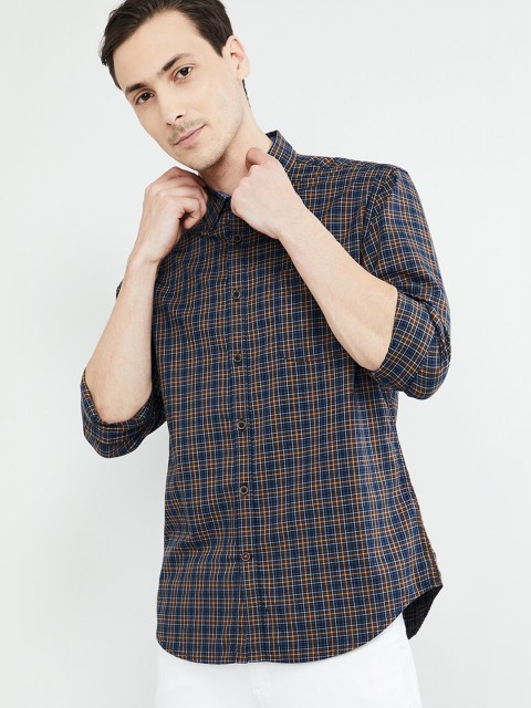 

max Men Navy Blue & Brown Regular Fit Checked Casual Shirt