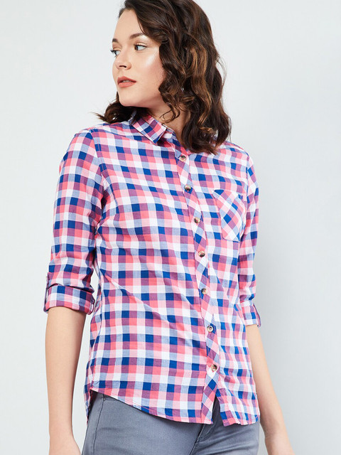 

max Women Orange & Blue Regular Fit Checked Casual Shirt