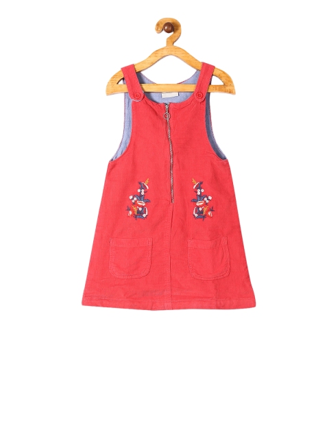 Cherokee Girls Pink & Blue Solid Corduroy Flared Dungaree Dress