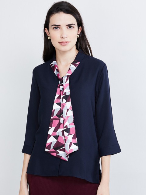 

max Women Navy Blue & Pink Regular Fit Solid Casual Shirt