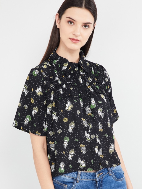 max Women Black & Off-White Printed Casual Crop Shirt