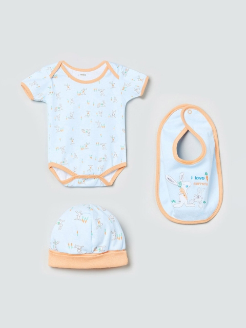 

MAX Infant Boys Blue & Orange Printed Romper with Cap & Bib