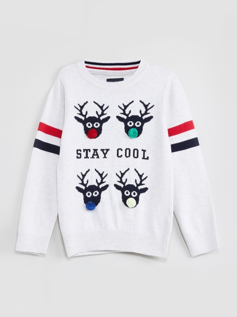 

max Boys Grey & Navy Blue Self Design Pullover Sweater With Pom Poms