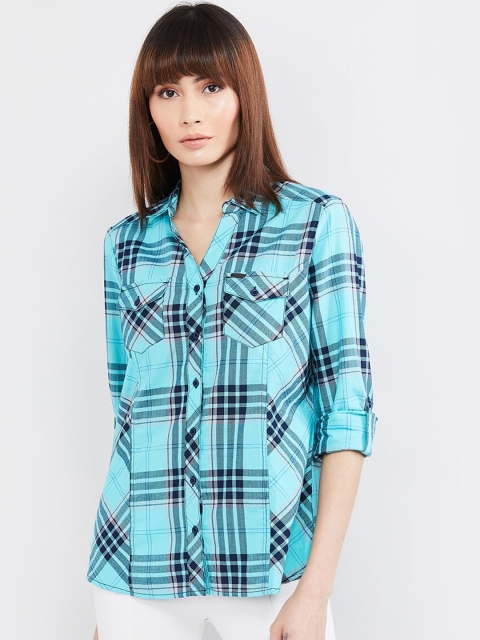 

max Women Blue & Black Regular Fit Checked Casual Shirt