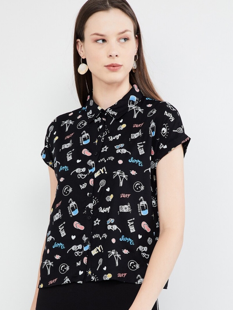 

max Women Black Printed Shirt Style Top