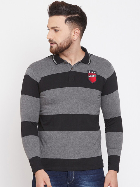 

Austin wood Men Grey & Black Striped Polo Collar T-shirt
