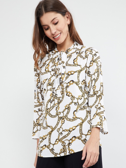 

max Women White & Yellow Printed A-Line Top