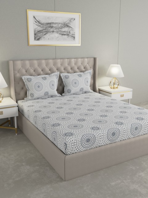 

Trident White & Navy Blue Ethnic Motifs 144 TC Cotton 1 King Bedsheet with 2 Pillow Covers