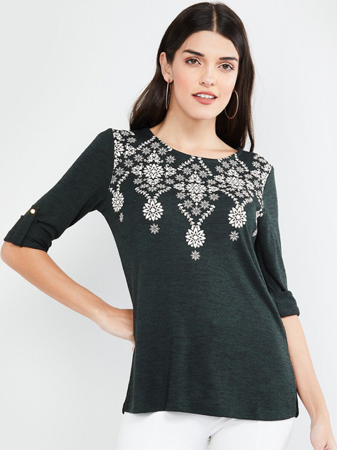 

max Women Olive Green Embroidered Top
