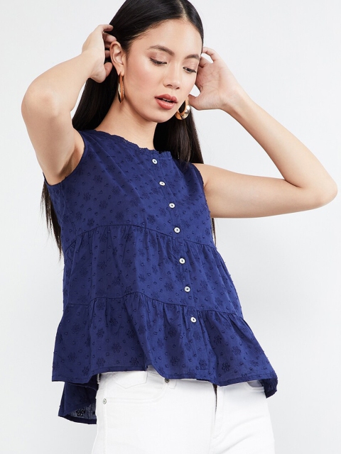 

max Women Navy Blue Embroidered Top