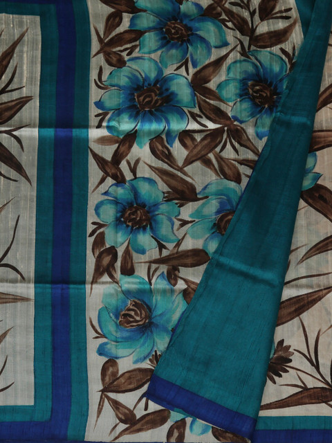 

Pothys Cream-Coloured & Blue Jute Silk Printed Saree