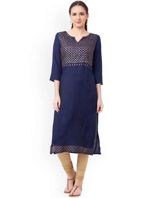 

IMARA Women Navy Blue & Gold-Toned Printed Straight Kurta