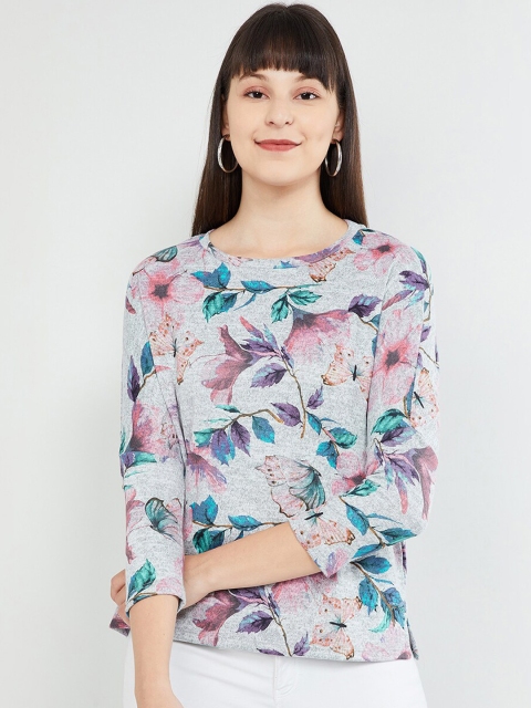 

max Women Grey Melange & Pink Printed Top