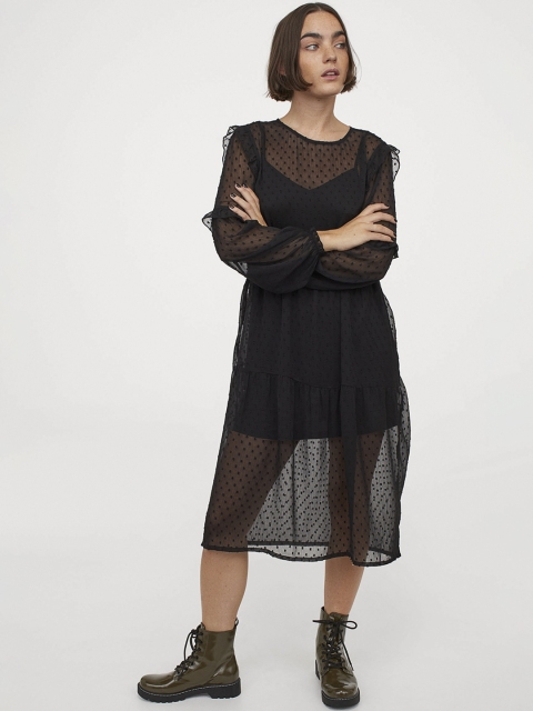 

H&M Women Black Soild Frill-Trimmed Dress