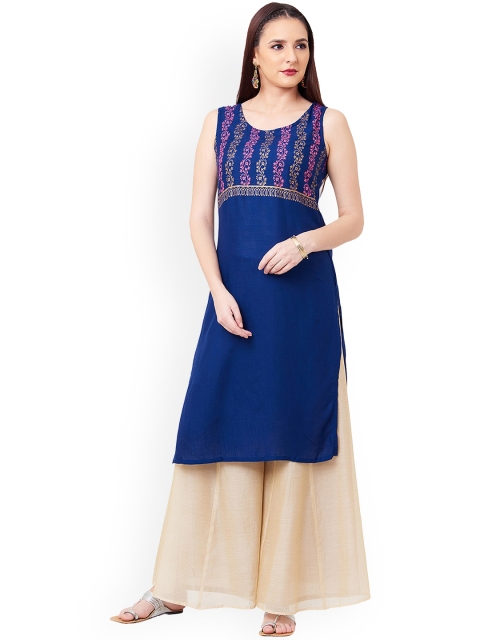 

IMARA Women Navy Blue & Pink Printed A-Line Kurta
