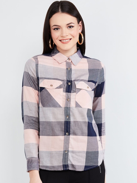 

max Women Pink & Grey Regular Fit Checked Casual Shirt