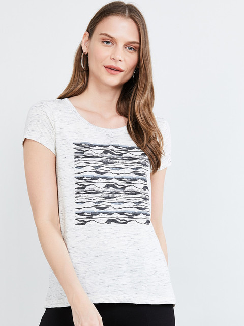 

max Women Off-White Printed Round Neck T-shirt