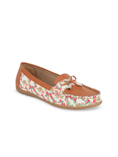 

TRASE Women Tan Brown & White Colourblocked Loafers With Bow