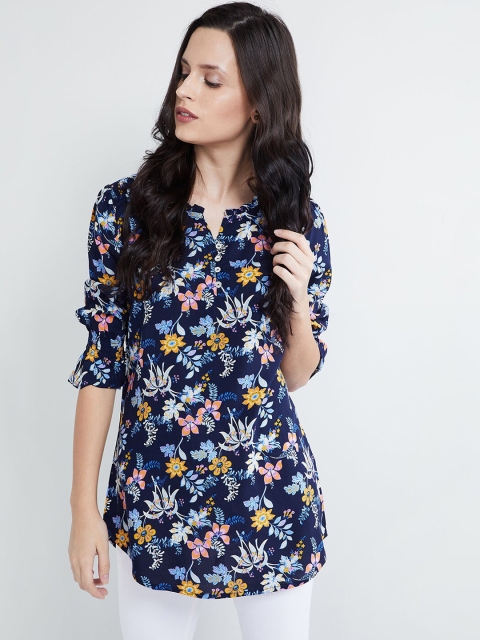 

max Women Blue Floral Printed Longline Top