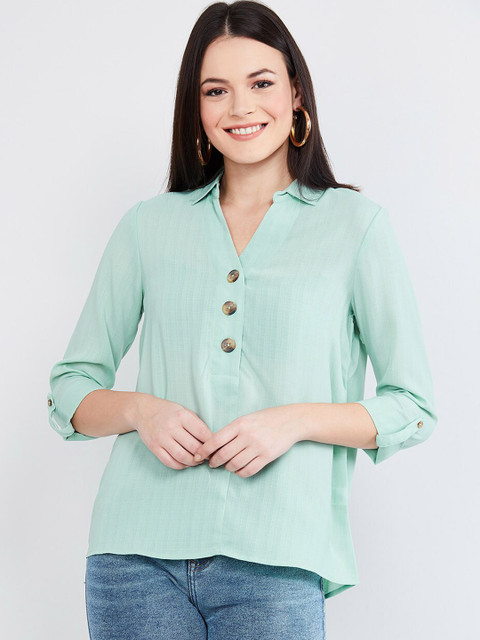 

max Women Green Solid Shirt Style Top