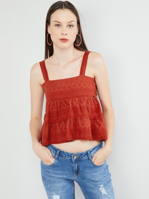 

max Women Rust Red Embroidered Top