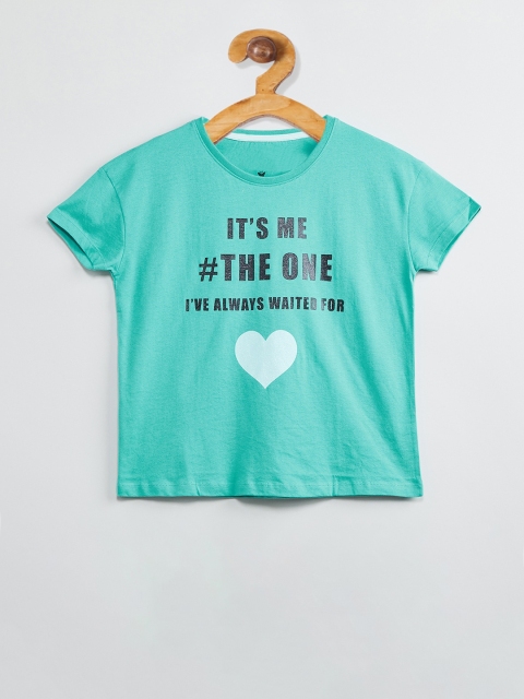 

max Girls Green Printed Round Neck T-shirt