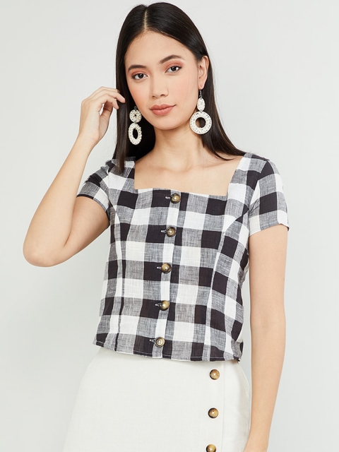 

max Women Black & White Checked Boxy Top