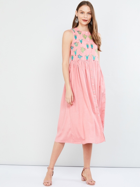

max Women Pink & Blue Embroidered A-Line Dress