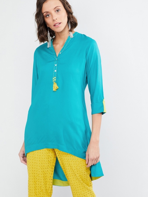 

max Women Turquoise Blue Solid High-Low Tunic