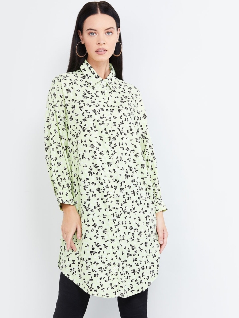 

max Women Green & Purple Floral Printed Casual Longline Shirt
