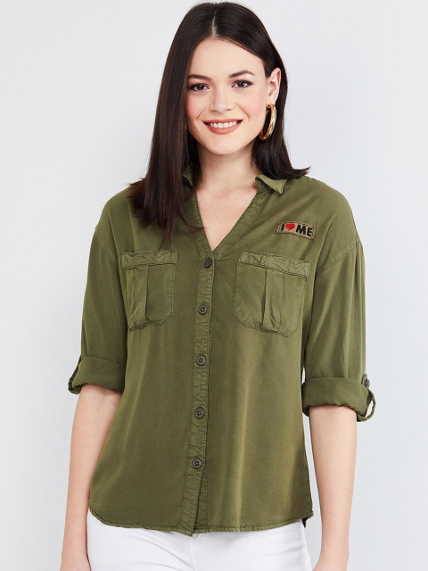 

max Women Olive Green Regular Fit Solid Casual Shirt