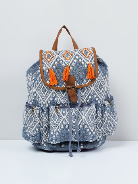 

max Women Blue & White Ethnic Print Denim Backpack