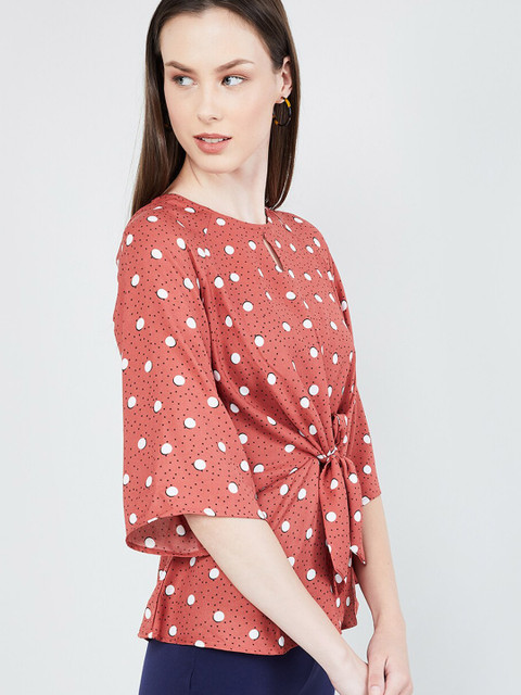 

max Women Peach-Coloured & Off-White Polka Dot Printed Cinched Waist Top