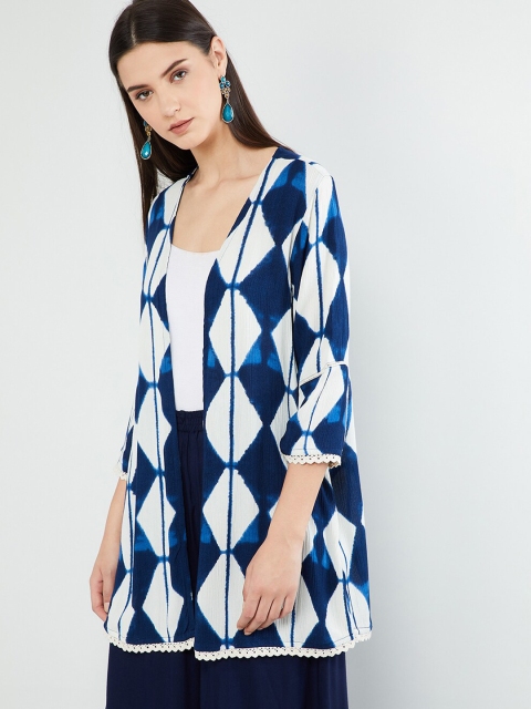 

max Women Navy Blue & White Printed Open Front Shrug