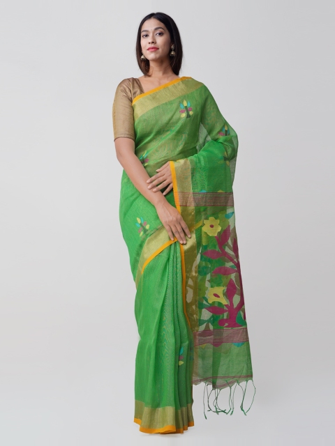 

Unnati Silks Green Silk Cotton Woven Design Jamdani Saree