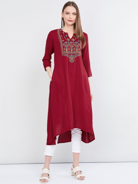 

max Women Maroon Embroidered Straight Kurta