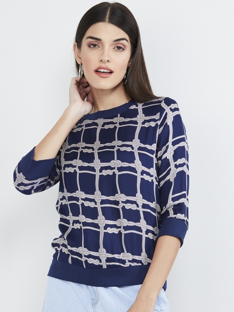 

max Women Navy Blue & Beige Chain Print Blouson Top