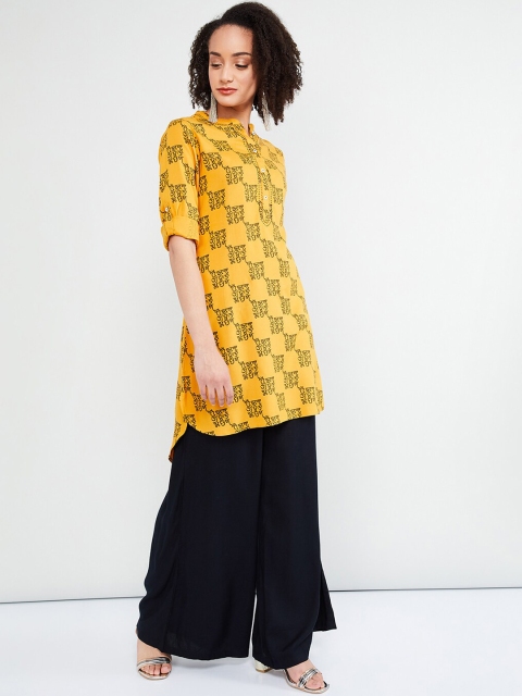 

max Women Mustard Yellow & Black Printed Straight Kurta