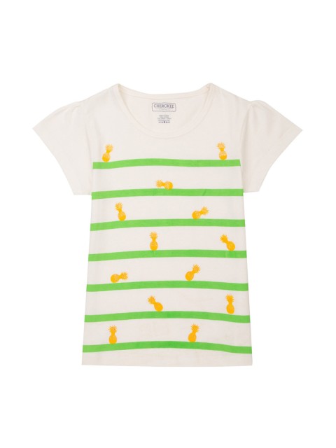

Cherokee Girls Off-White & Green Striped Round Neck T-shirt