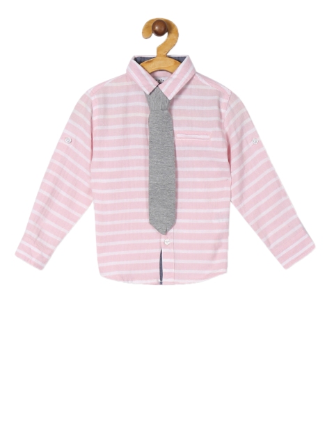 

Donuts Boys Pink & Off-White Regular Fit Striped Party Shirt With Tie