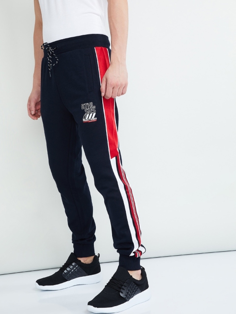 

max Men Navy Blue & Red Colourblocked Straight-Fit Joggers