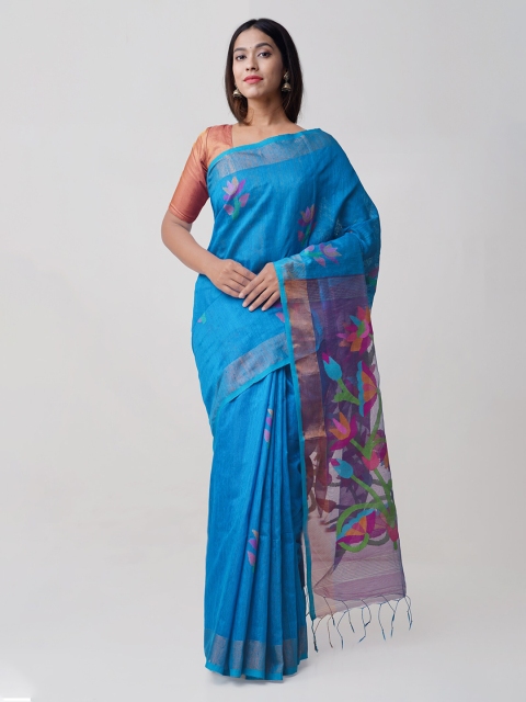 

Unnati Silks Blue & Pink Silk Cotton Woven Design Jamdani Saree